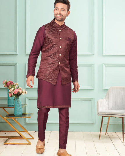 Wine Mens Kurta Pajama Set With Jacket