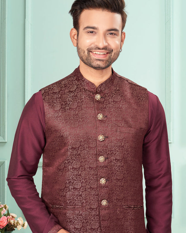 Wine Mens Kurta Pajama Set With Jacket