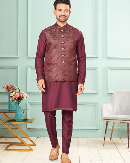 Wine Mens Kurta Pajama Set With Jacket