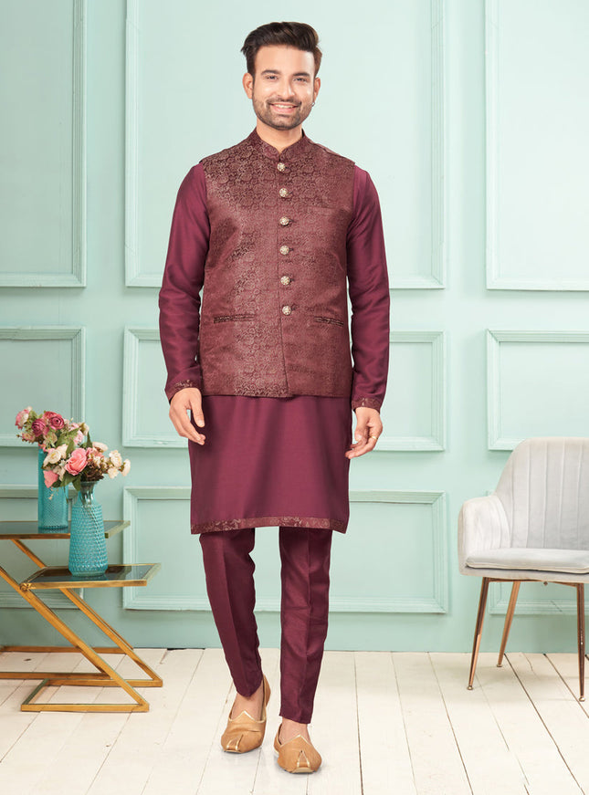 Wine Mens Kurta Pajama Set With Jacket