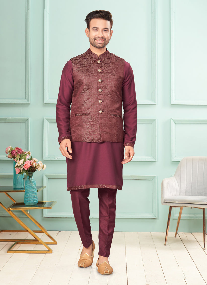 Wine Mens Kurta Pajama Set With Jacket
