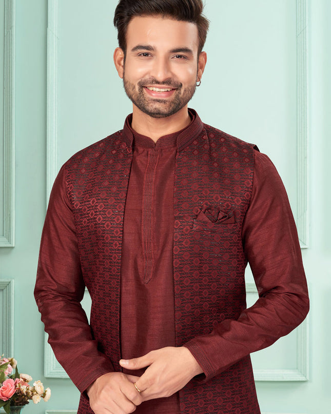 Maroon Mens Kurta Pajama Set With Jacket