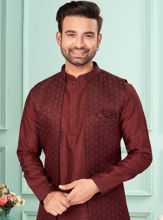Maroon Mens Kurta Pajama Set With Jacket