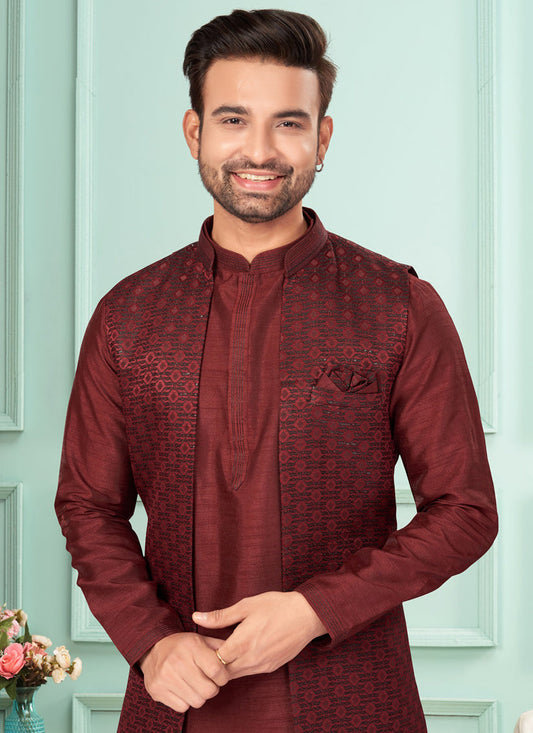 Maroon Mens Kurta Pajama Set With Jacket