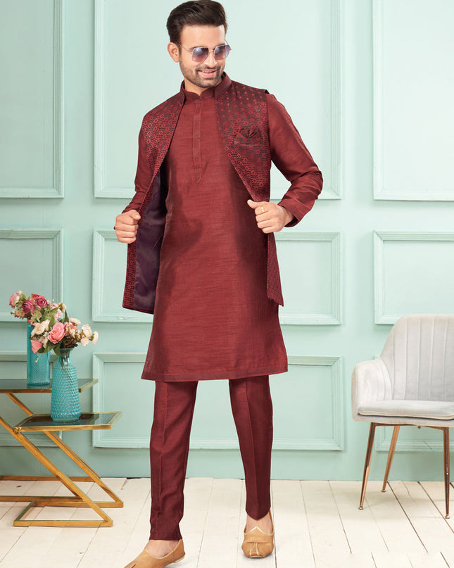Maroon Mens Kurta Pajama Set With Jacket