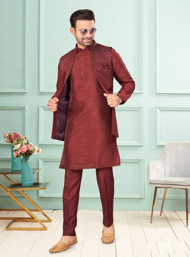 Maroon Mens Kurta Pajama Set With Jacket