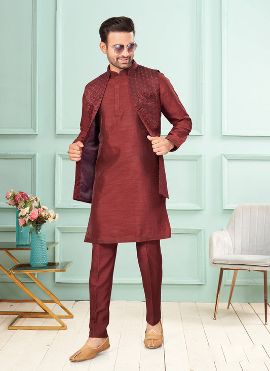 Maroon Mens Kurta Pajama Set With Jacket