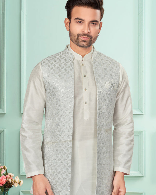 Off White Mens Kurta Pajama Set With Jacket