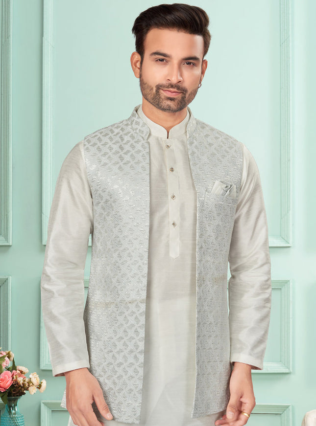 Off White Mens Kurta Pajama Set With Jacket