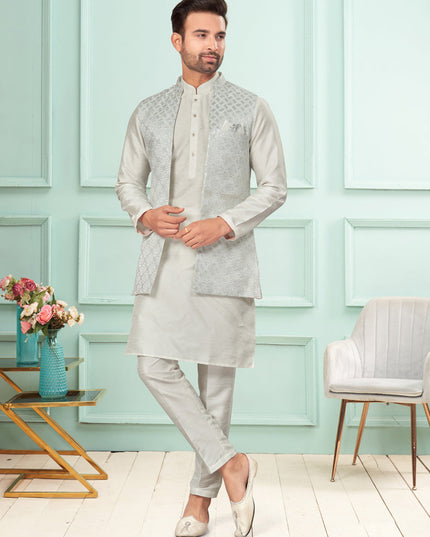 Off White Mens Kurta Pajama Set With Jacket