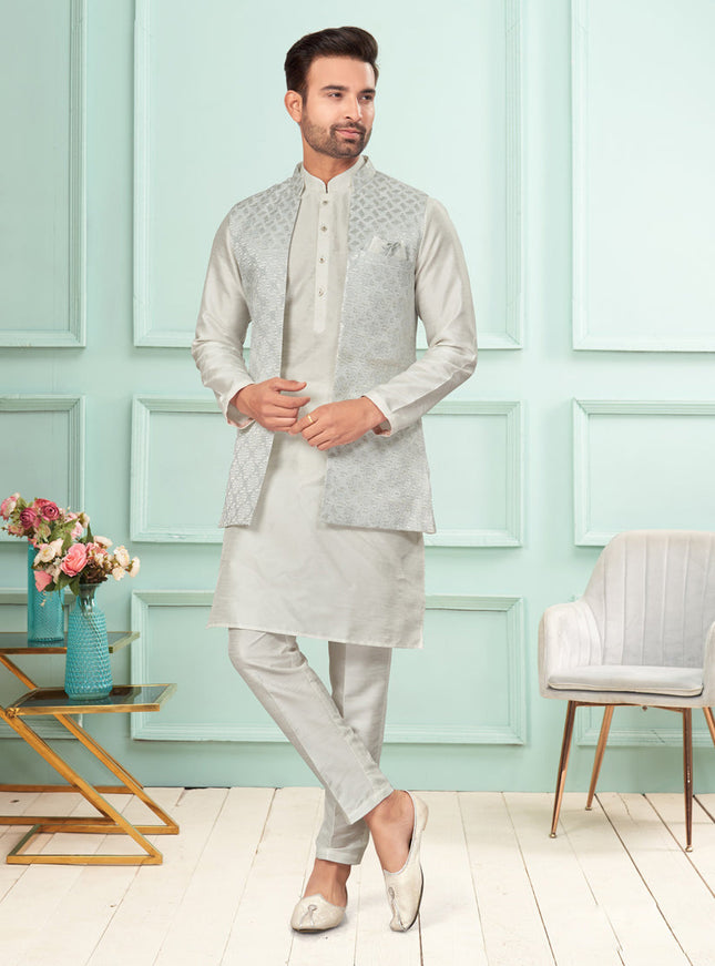 Off White Mens Kurta Pajama Set With Jacket