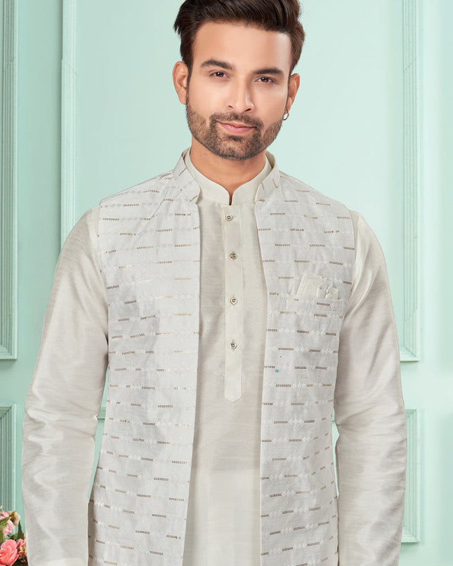 Off White Mens Kurta Pajama Set With Jacket