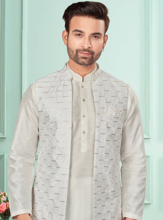 Off White Mens Kurta Pajama Set With Jacket