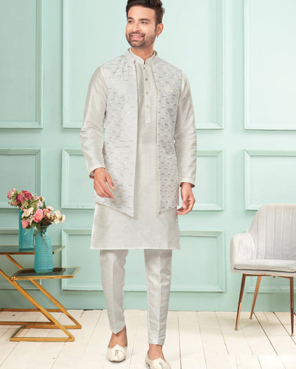Off White Mens Kurta Pajama Set With Jacket