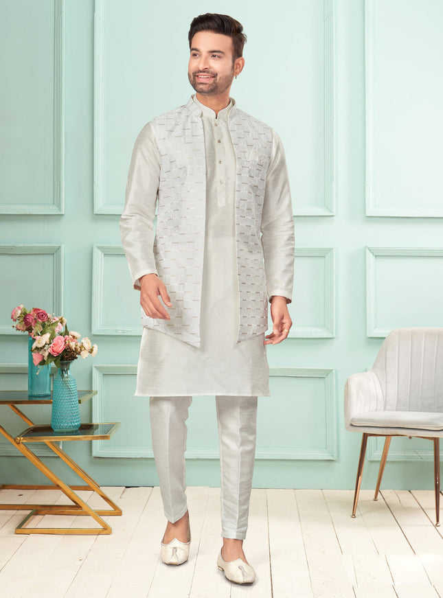 Off White Mens Kurta Pajama Set With Jacket