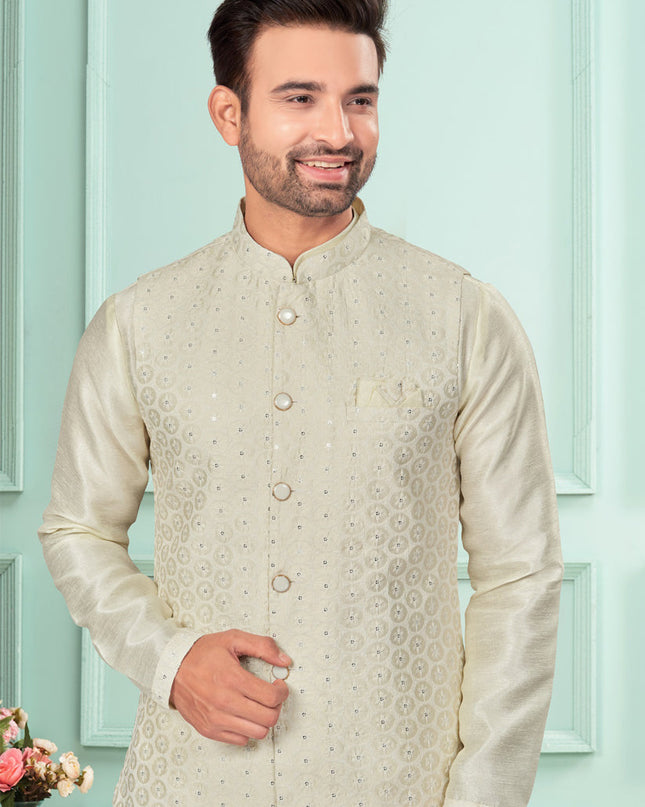 Cream Mens Kurta Pajama Set With Jacket