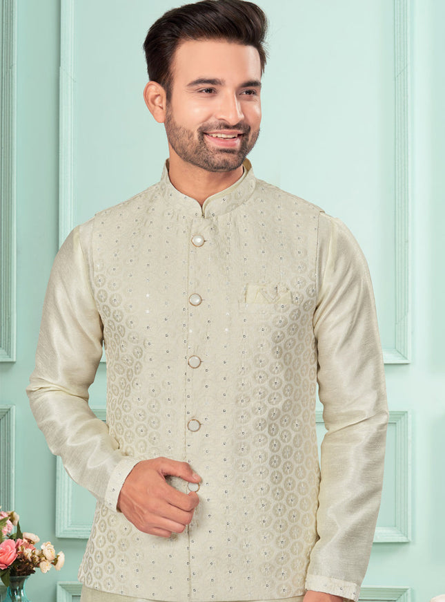 Cream Mens Kurta Pajama Set With Jacket