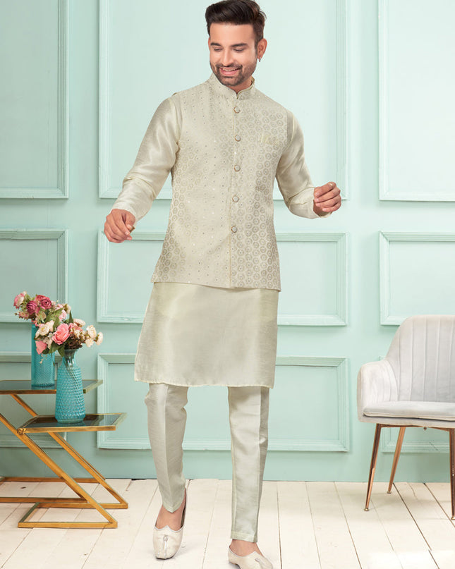 Cream Mens Kurta Pajama Set With Jacket