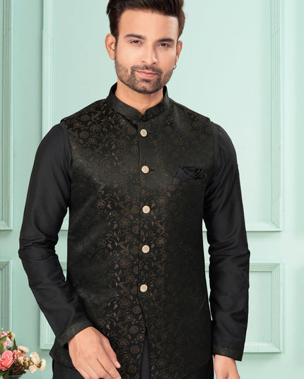 Black Mens Kurta Pajama Set With Jacket