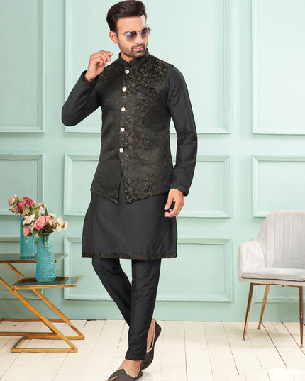 Black Mens Kurta Pajama Set With Jacket