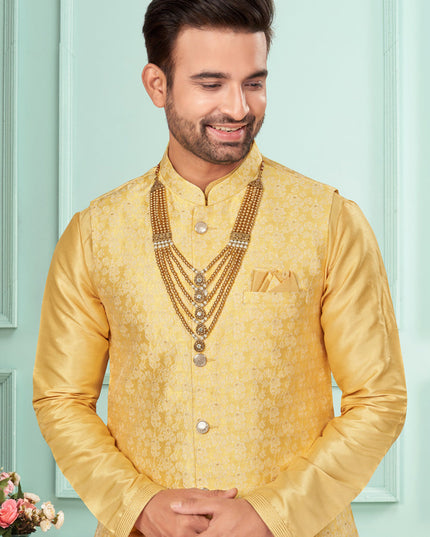 Yellow Mens Kurta Pajama Set With Jacket