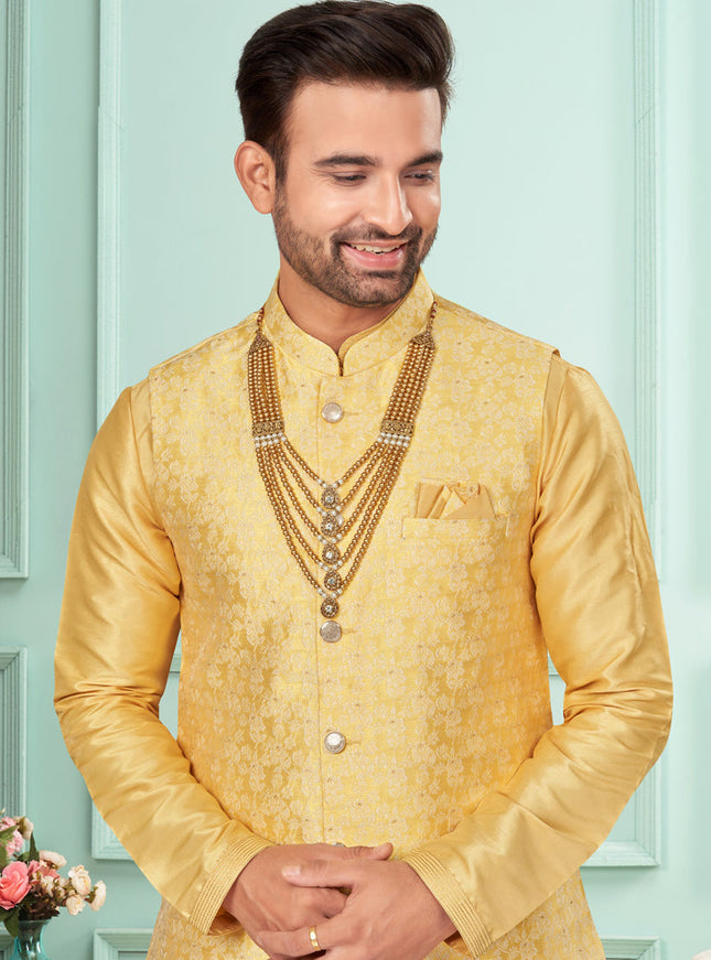 Yellow Mens Kurta Pajama Set With Jacket