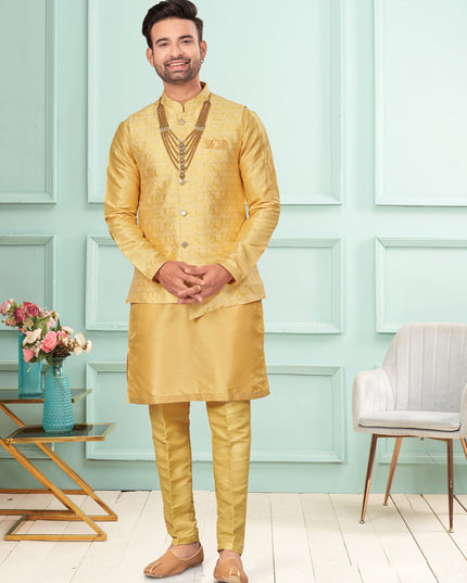 Yellow Mens Kurta Pajama Set With Jacket