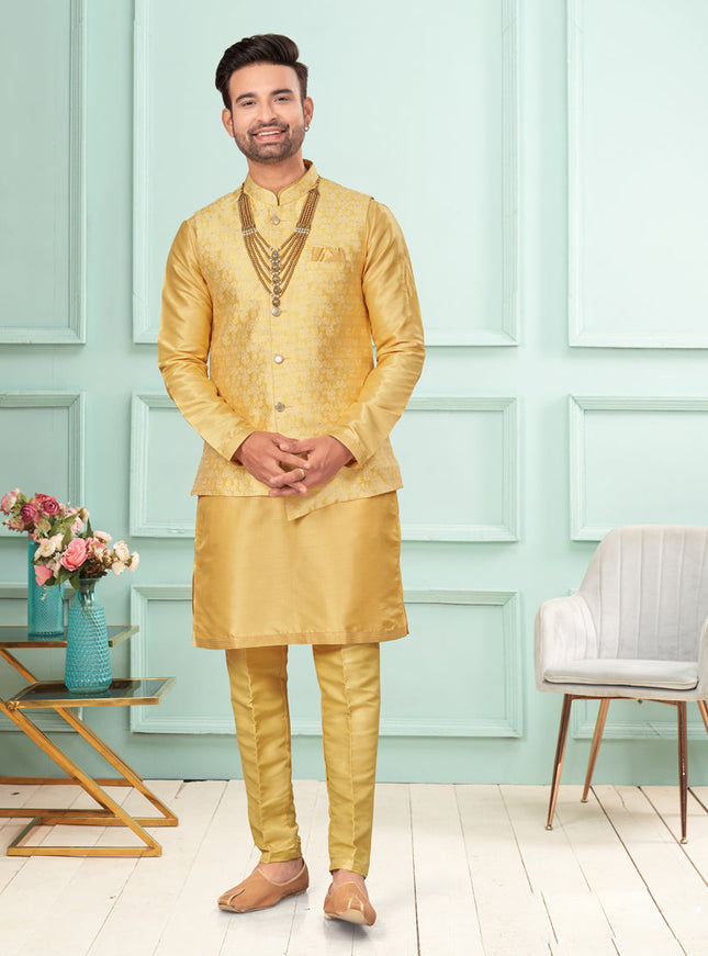 Yellow Mens Kurta Pajama Set With Jacket
