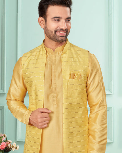 Yellow Mens Kurta Pajama Set With Jacket