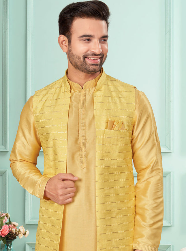 Yellow Mens Kurta Pajama Set With Jacket