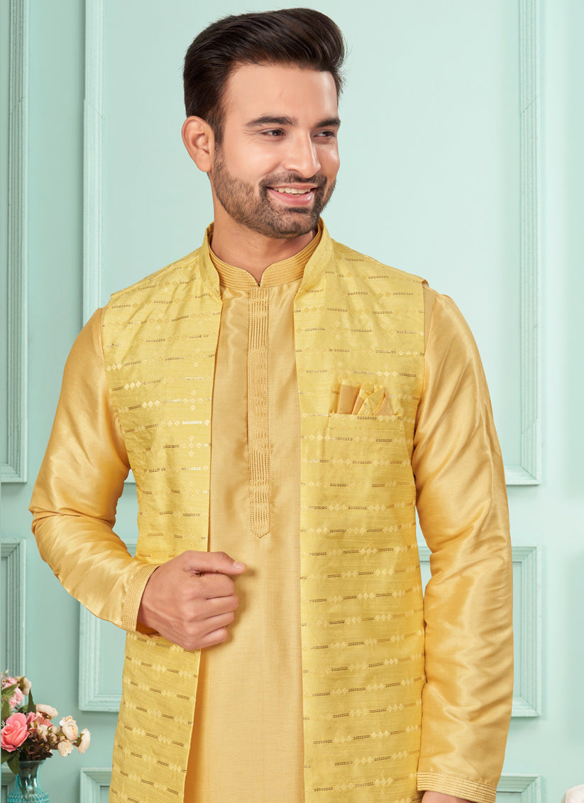 Yellow Mens Kurta Pajama Set With Jacket