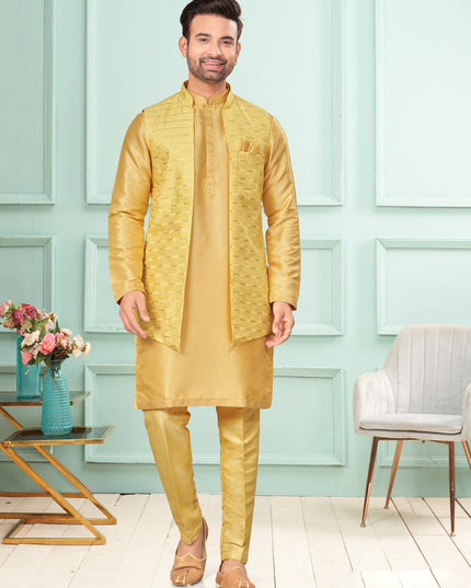Yellow Mens Kurta Pajama Set With Jacket
