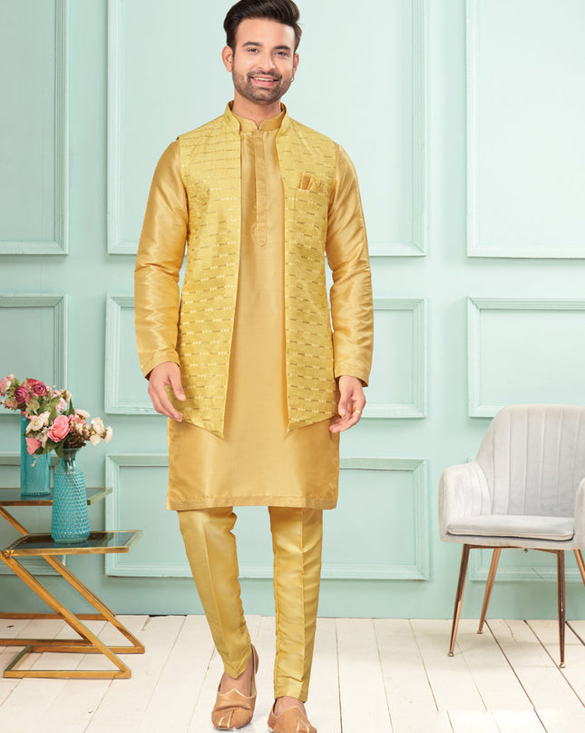 Yellow Mens Kurta Pajama Set With Jacket