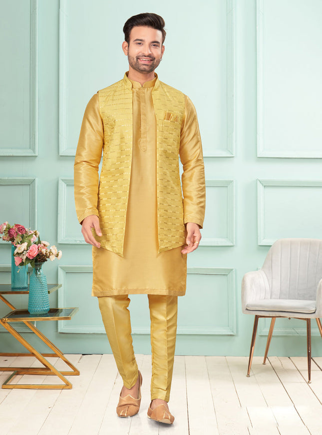 Yellow Mens Kurta Pajama Set With Jacket