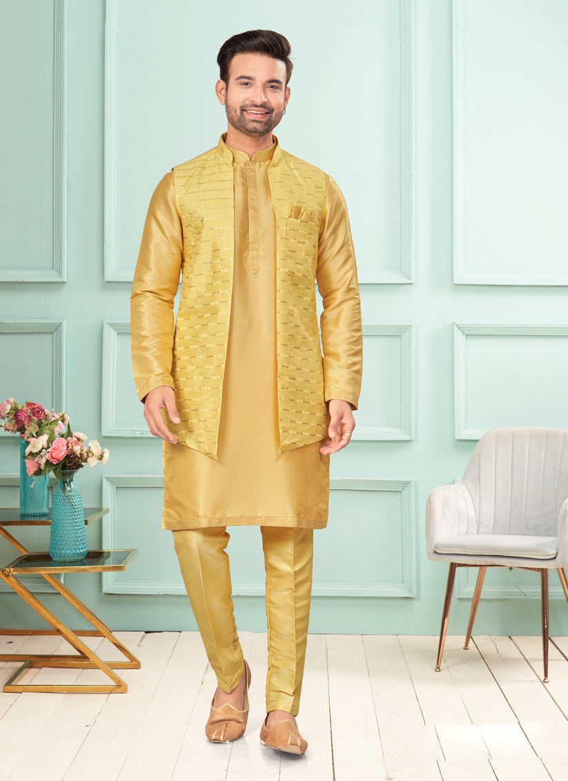 Yellow Mens Kurta Pajama Set With Jacket