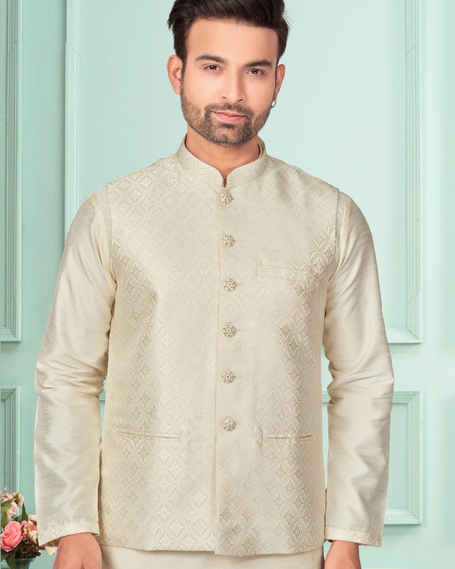 Cream Mens Kurta Pajama Set With Jacket