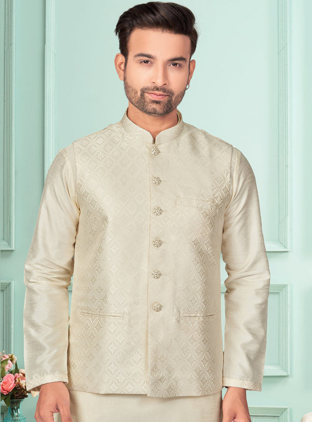 Cream Mens Kurta Pajama Set With Jacket