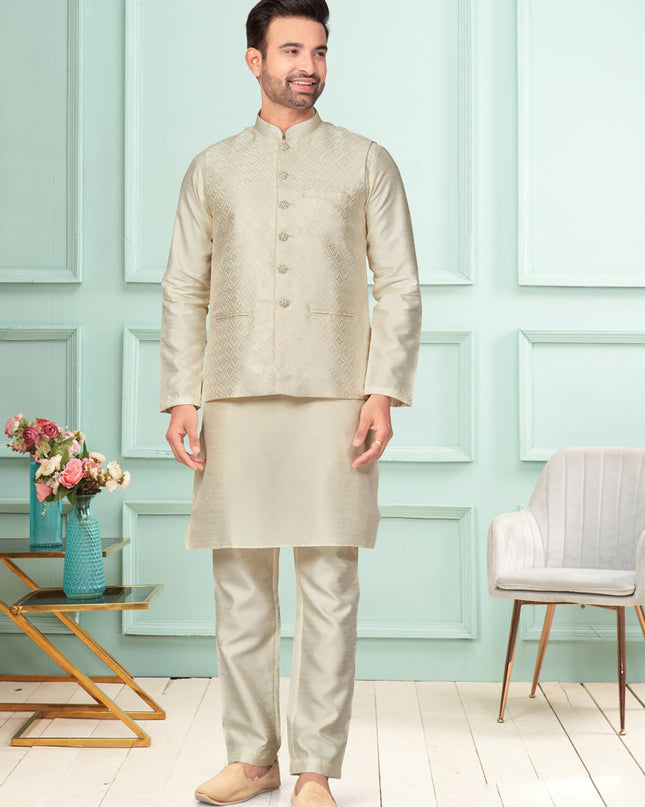 Cream Mens Kurta Pajama Set With Jacket