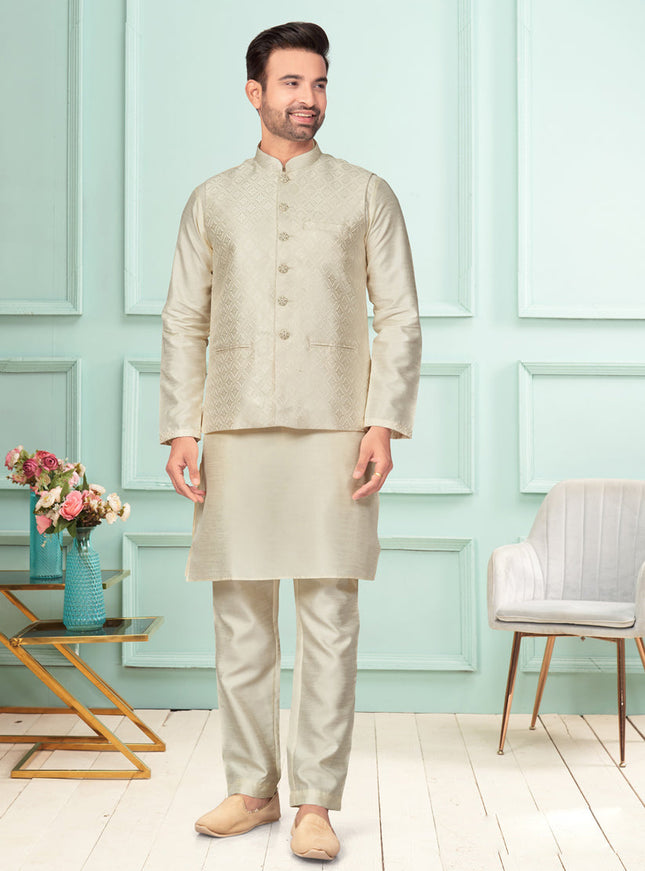 Cream Mens Kurta Pajama Set With Jacket