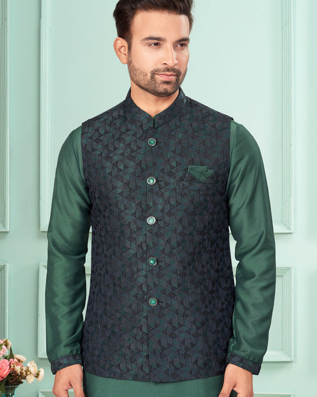 Green Mens Kurta Pajama Set With Jacket