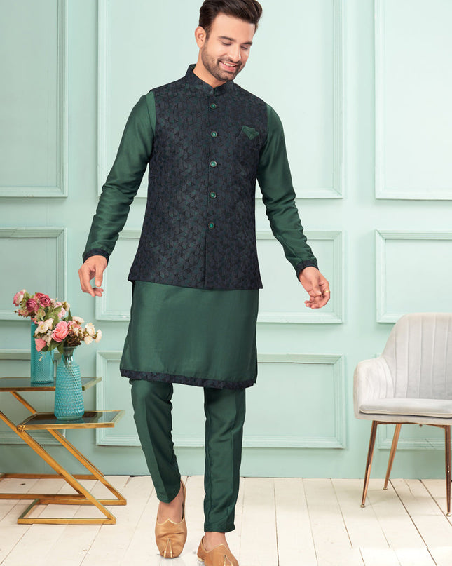 Green Mens Kurta Pajama Set With Jacket