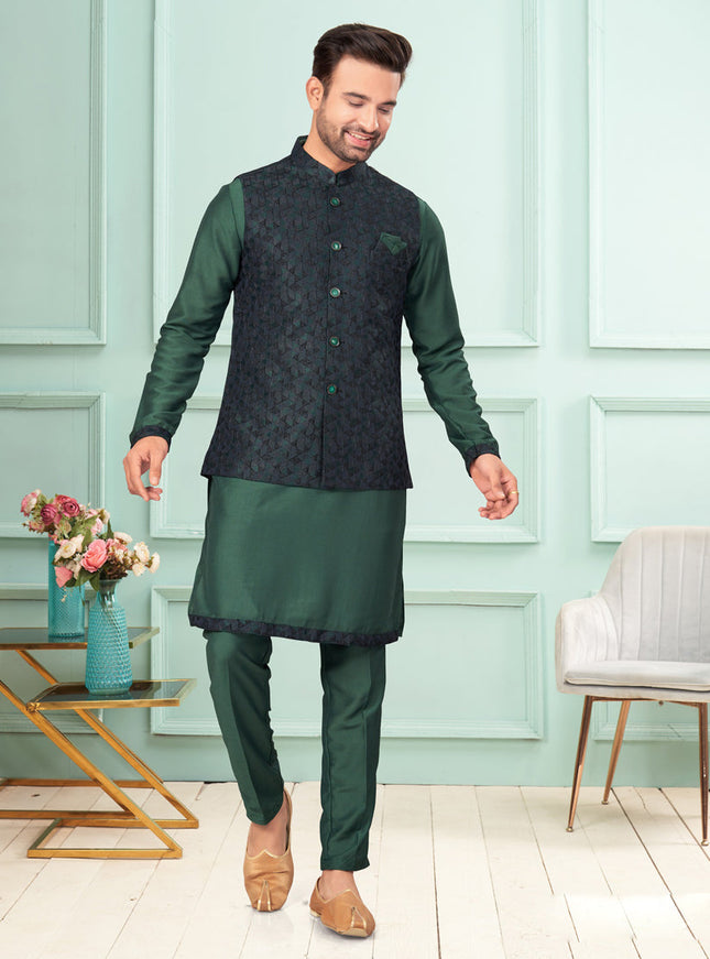 Green Mens Kurta Pajama Set With Jacket