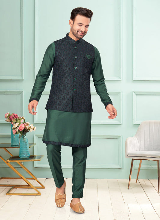 Green Mens Kurta Pajama Set With Jacket