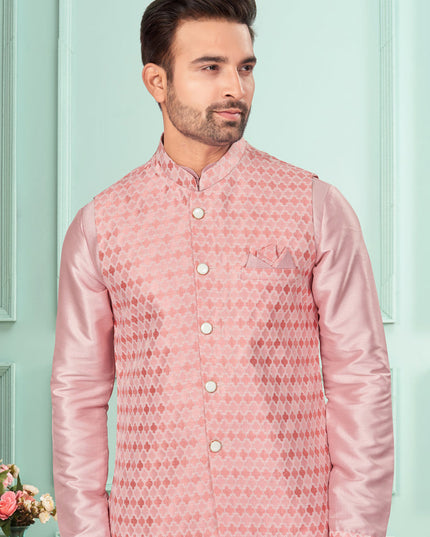 Pink Mens Kurta Pajama Set With Jacket