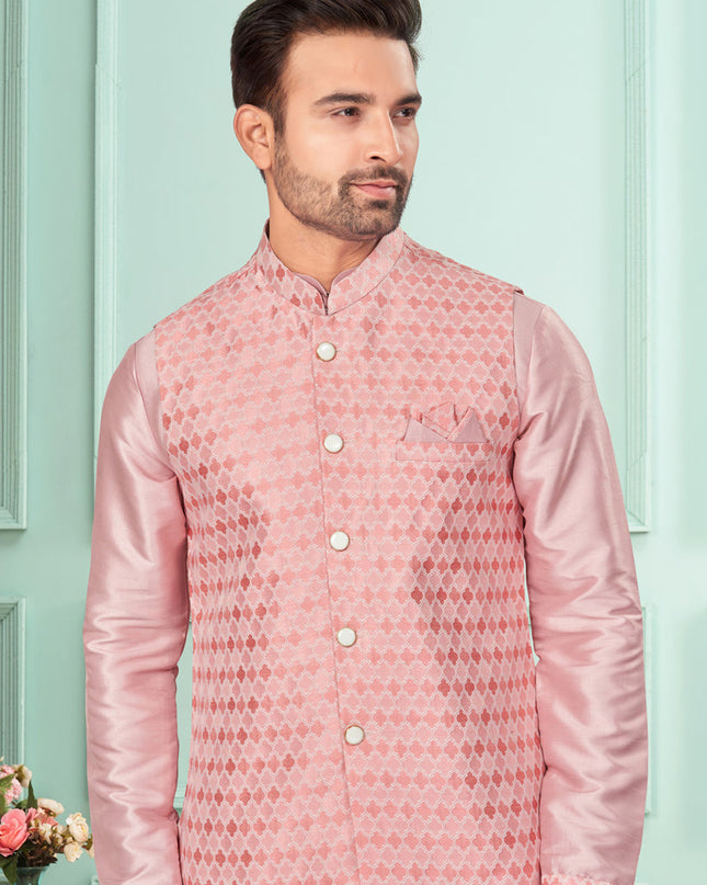 Pink Mens Kurta Pajama Set With Jacket