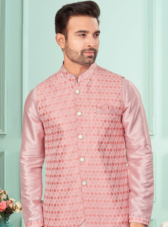 Pink Mens Kurta Pajama Set With Jacket