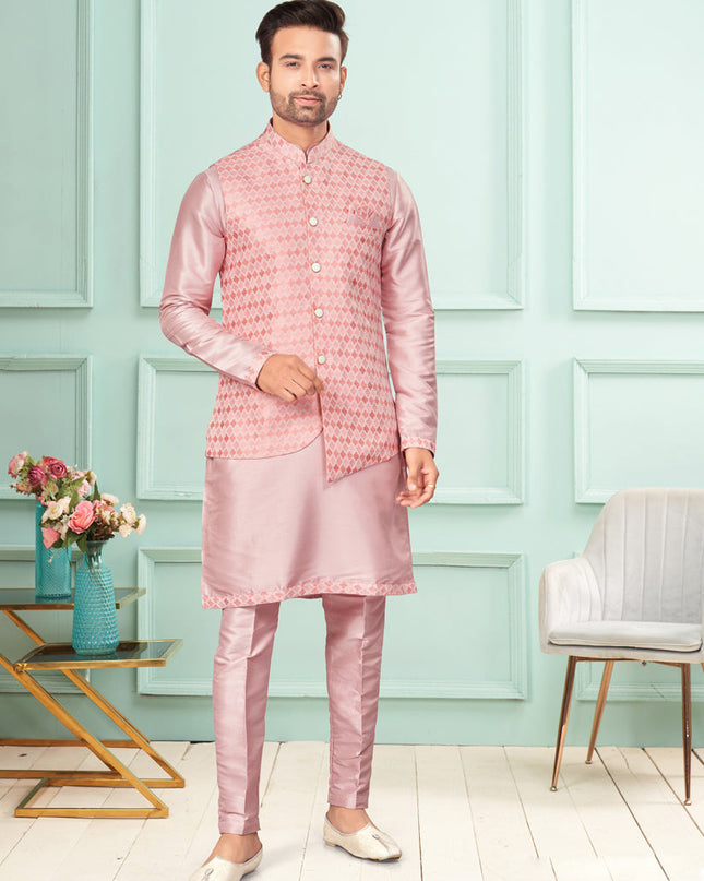 Pink Mens Kurta Pajama Set With Jacket
