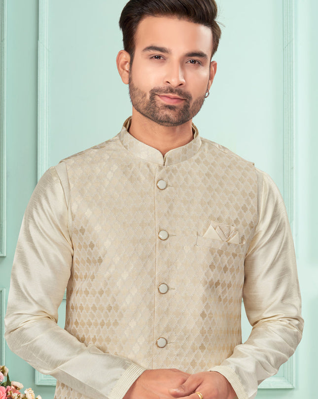 Cream Mens Kurta Pajama Set With Jacket