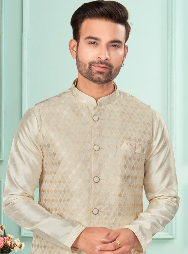 Cream Mens Kurta Pajama Set With Jacket