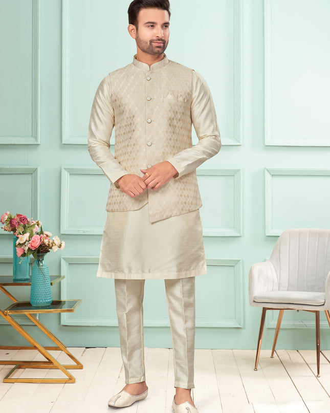 Cream Mens Kurta Pajama Set With Jacket
